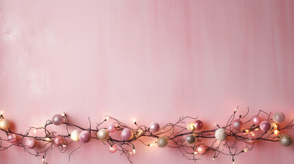 Overhead Flat Lay View of Pink Pastel Christmas Garland on Feminine Background with Copy Space - Twinkle Lights Golden Holiday Glow - Xmas Decorations