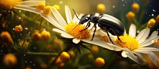 In the vibrant summer garden the yellow flowers bloomed attracting colorful insects such as beetles as they busily collected nectar from the delicate petals showcasing the beauty of nature u