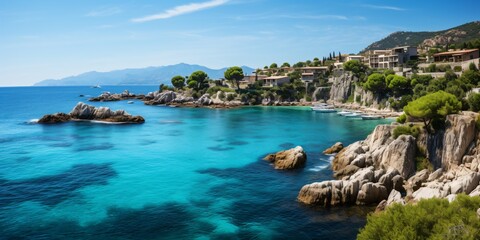 Fototapeta na wymiar mediterranean coastal town with ocean view, wanderlust and blue sky