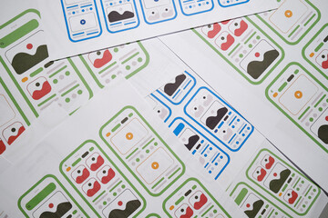 UX mobile application wireframe. Sketch, prototype, framework, layout future app design project. UI/UX - user interface and user experience designer. Creative concept for smartphone. App development