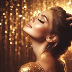 Fashion concept of a stunning and beautiful woman in blissful striking gold glitter shimmer with dynamic composition and dramatic lighting generative ai