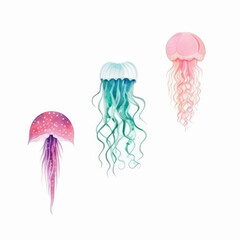 Fototapeta premium Watercolor jellyfish, a marine animal in delicate colors, oceanic flora and fauna, a dangerous inhabitant of the sea, snorkeling underwater.