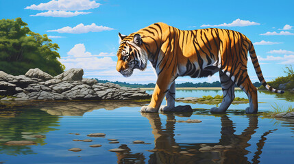 Side view photography of a wild Bengal tiger walking through the pond in the wilderness, looking down at the water