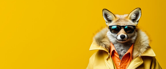 Cool looking fox wearing funky fashion dress - jacket, shirt, dark shades sunglasses. Wide banner with copy space on side. Stylish animal posing. Generative AI - obrazy, fototapety, plakaty