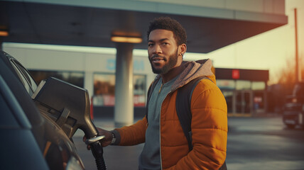 young man in a black shirt is holding a car in the hands. a black man is in a car with a gasoline pump