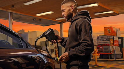 Fototapeta na wymiar young man in a black shirt is holding a car in the hands. a black man is in a car with a gasoline pump