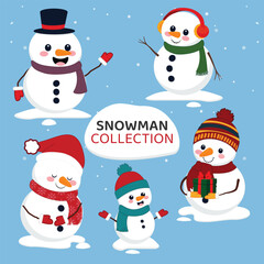Vector illustration of cute collection of five snowmen with scarf, hat, cap, gloves, cold earmuff and gift box in Christmas colors.