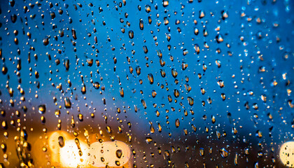 Rain drops on fogged glass, with bokeh lights. AI generation.