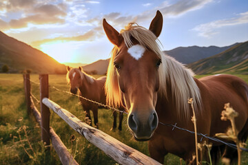 Close up photography of two beautiful wild horses on a mountain range pasture at a sunset, standing behind the fence, hills blurred in the background - Powered by Adobe