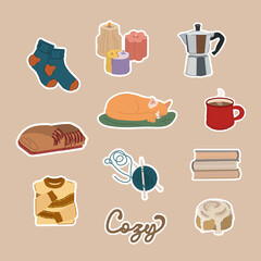 Hugge icons. Hugge set of stickers. Set of cozy home things. Scandinavian live style set. Cozy items clipart. 