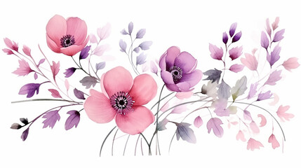 Beautiful pink and purple floral background spring flower decoration. watercolor floral border.