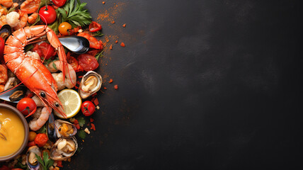 seafood background. fresh fish, shrimp and oysters on black background with space for your text. top view. flat lay, banner - obrazy, fototapety, plakaty