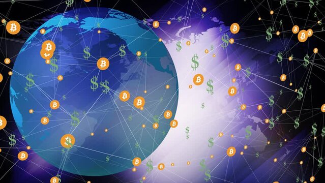 Digital money bitcoin and dollar world news background on crypto investment, breaking news about stability and wealth of digital money