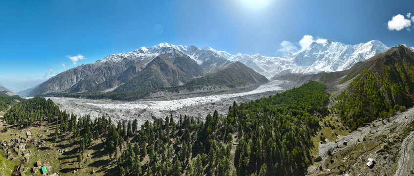 Panorama white glacier with "Nanga Parbat" the 9th highest peak in the world, called "Killer Mountain". Landmark in northern Pakistan. Beautiful scenery of high mountains with trail to base camp