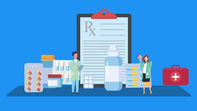 Medical Prescription to treat pain and medical conditions or Rx Medicine Concept Animation with Drugs, Pills and Rx document flat design Animation. 