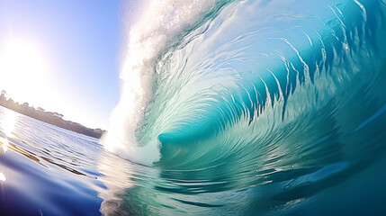 Surfing ocean wave breaking. Blue ocean wave with blue sky and sun. Blue ocean wave with splashes and spray.