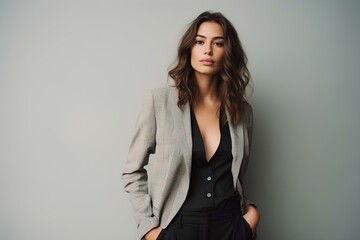 A confident woman struts her stuff in a tailored plaid suit, on a minimalistic simple bright background. generative AI