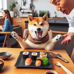 shiba inu dog customer is angry with sushi and arguing with chef in restaurant generative ai