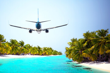 passenger plane flies over the palm trees of a tropical resort. air transport industry