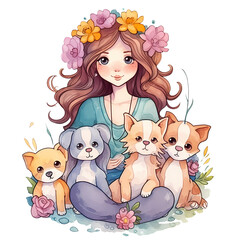 Watercolor Cute Baby Mom And Dogs Clipart Illustration