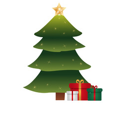 Árbol de navidad con estrella dorada y cajas de regalo al pie. Ilustración vectorial, diseño sin fondo.