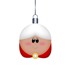 Linda esfera de navidad de mamá Noel, con rostro feliz, ilustración vectorial, diseño sin fondo