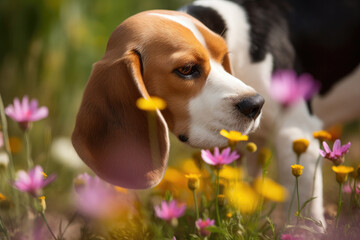 Beagle in flower meadow