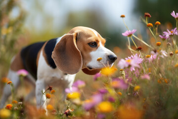 Beagle in flower meadow
