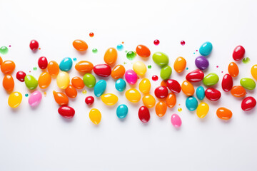Colorful rainbow candies cascade onto a white canvas, creating a playful display of falling jellybeans. Generative Ai.