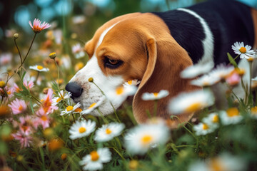 Beagle in flower meadow