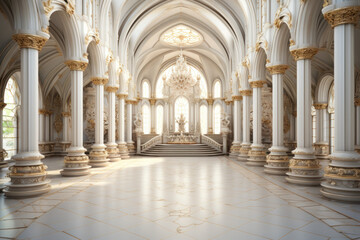 An opulent royal palace interior, crafted from fantasy white gold marble, evokes a sense of regality. This conceptual artwork captures the ambiance of a castle's interior. Generative Ai. - Powered by Adobe