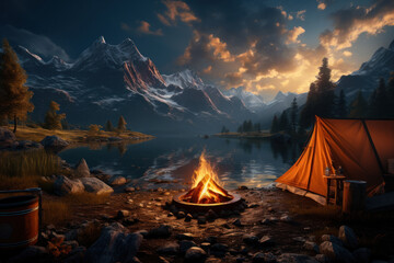 A campfire burns near a tent and mountains at sunset, reflecting the essence of travel and personal interests. Generative Ai.
