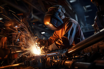 An engineer oversees and manages welding robotics' automatic arms in an automotive industrial facility.  Generative Ai.