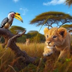 cute lion cub stalking and hunting a bird in the african savannah generative ai