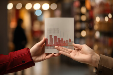 A hand holds a graph featuring a percentage, signifying special offers within shopping department stores, discounts, and tax considerations. Generative Ai.