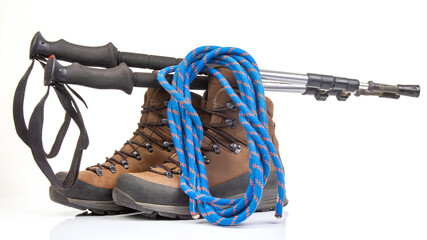 Items for tourism and hiking on a white background. set of equipment for tourism and travel