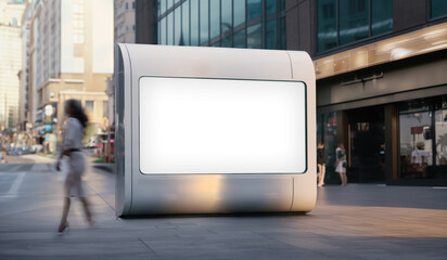 futuristic modern design of public area information signboard neon screen as touchscreen interactive blank empty white billboard or menu smart kiosk machine as street advertisement display mockup