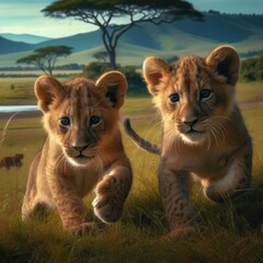 Fototapeta premium two young lion cubs playing and learning to hunt together generative ai