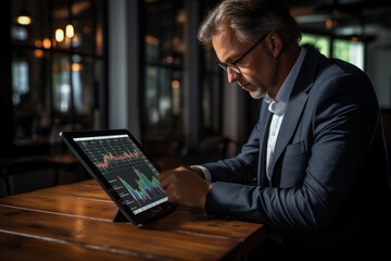 A businessman uses a tablet to analyze a technical graph chart, highlighting the process of investor analysis in the stock market, aiming for dividend profits and managing stop losses. Generative Ai.