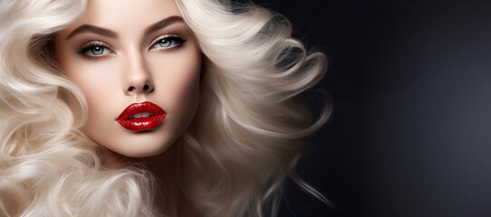 Beautiful blonde woman with glamorous make up on dark background. Hair cosmetics salon banner