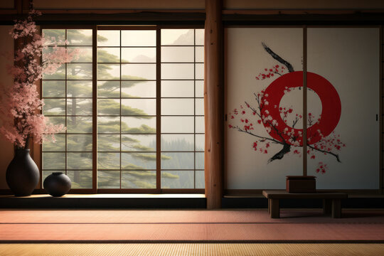The Japanese flag hanging in a traditional tatami room. Concept of Japanese culture and heritage. Generative Ai.