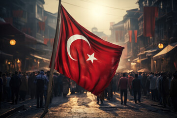 The Turkish flag on a bustling market street in Istanbul. Concept of vibrant bazaars and commerce. Generative Ai.