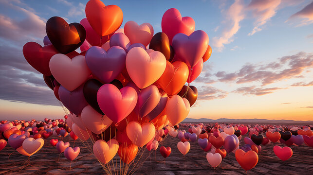 Heart-Shaped Balloons in the Sky: A mesmerizing scene of heart-shaped balloons released into the sky, forming a colorful Valentine's Day display