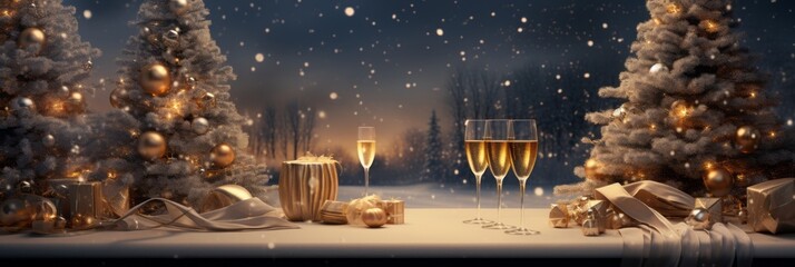 A festive christmas banner background adorned with a beautifully decorated christmas tree, delicate snowflakes falling gracefully, and elegant glasses filled with sparkling champagne.