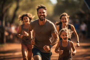 A family taking part in a local fun run to celebrate Australia Day. Concept of fitness and...