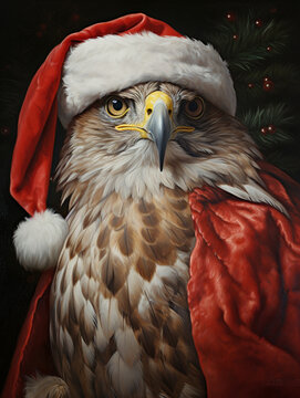 An Oil Painting Portrait of a Falcon Dressed Like Santa Claus