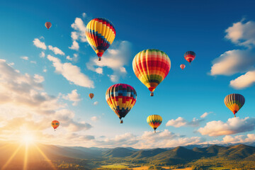 A hot air balloon festival with vibrant balloons taking flight on Australia Day. Concept of aerial displays and excitement. Generative Ai. - Powered by Adobe
