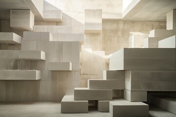 Composition of building concrete blocks in interior building under construction,