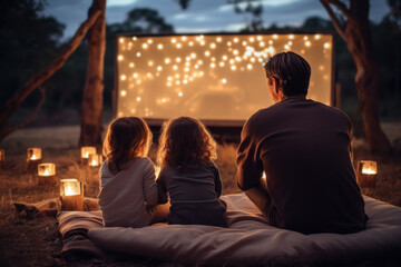 A family movie night under the stars, watching an Australian film on a big screen. Concept of...