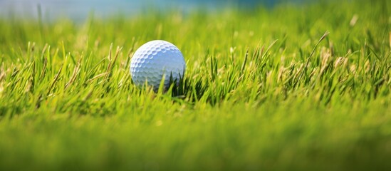 The white golf ball stood out against the lush green grass of the isolated landscape creating a...